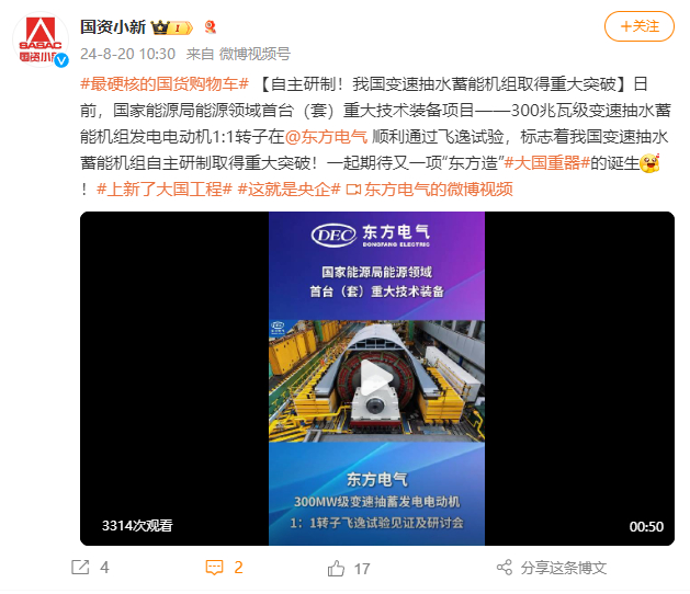 [国资小新]#最硬核的国货购物车# 【自主研制！我国变速抽水蓄能机组取得重大突破】-6686体育
